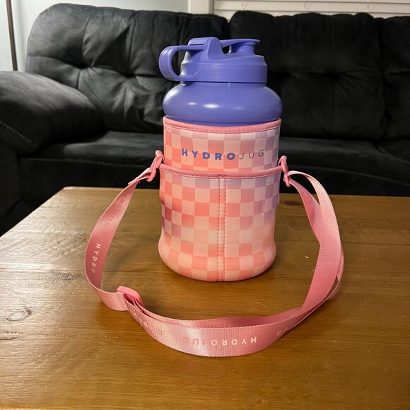 HydroJug with Pink Gingham Sleeve and Purple Lid - Picture 5 of 11